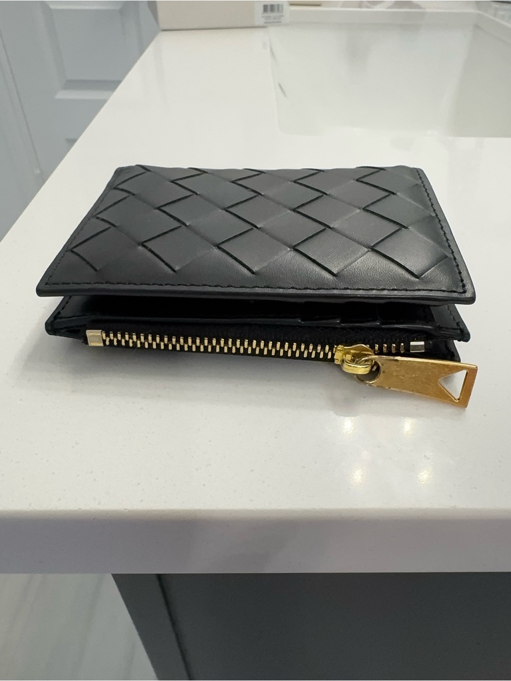 Woven Leather Zip Card Holder - Black